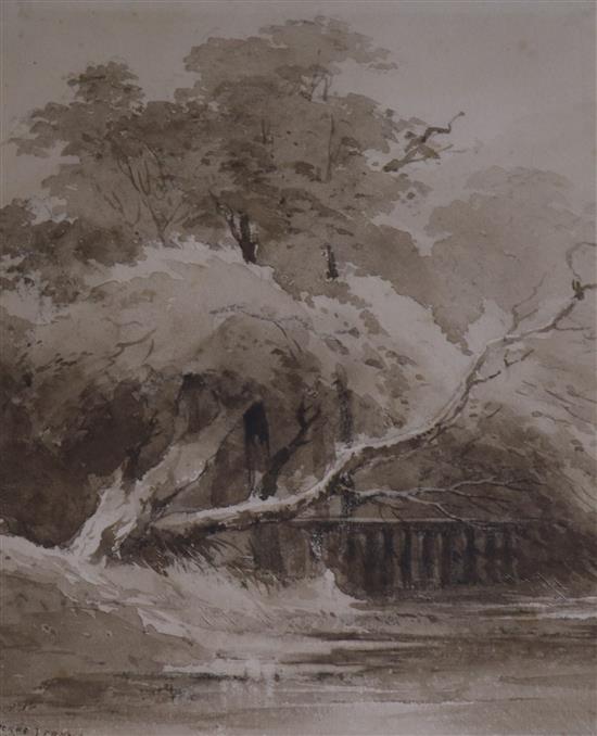 Circle of John Crome Trees overhanging a river 25 x 20cm